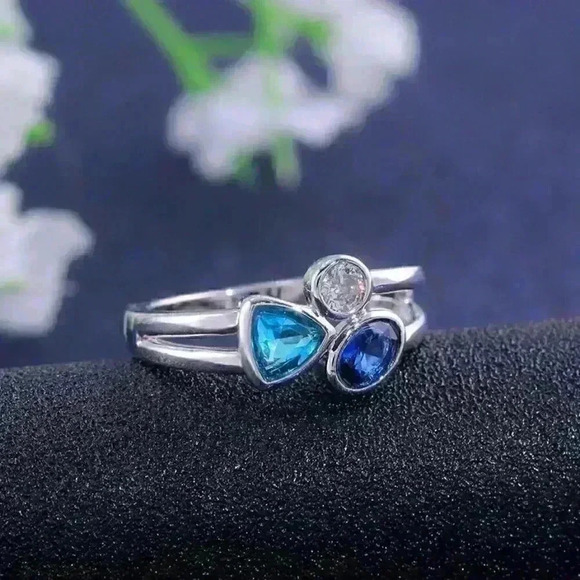 New Sterling Silver Blue Sapphire Aquamarine Diamond Ring - Picture 1 of 7